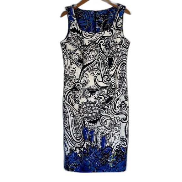 Dana Kay White & Blue Maximal Paisley Print Shift/Sheath Office Dress Size 8 - Picture 1 of 10
